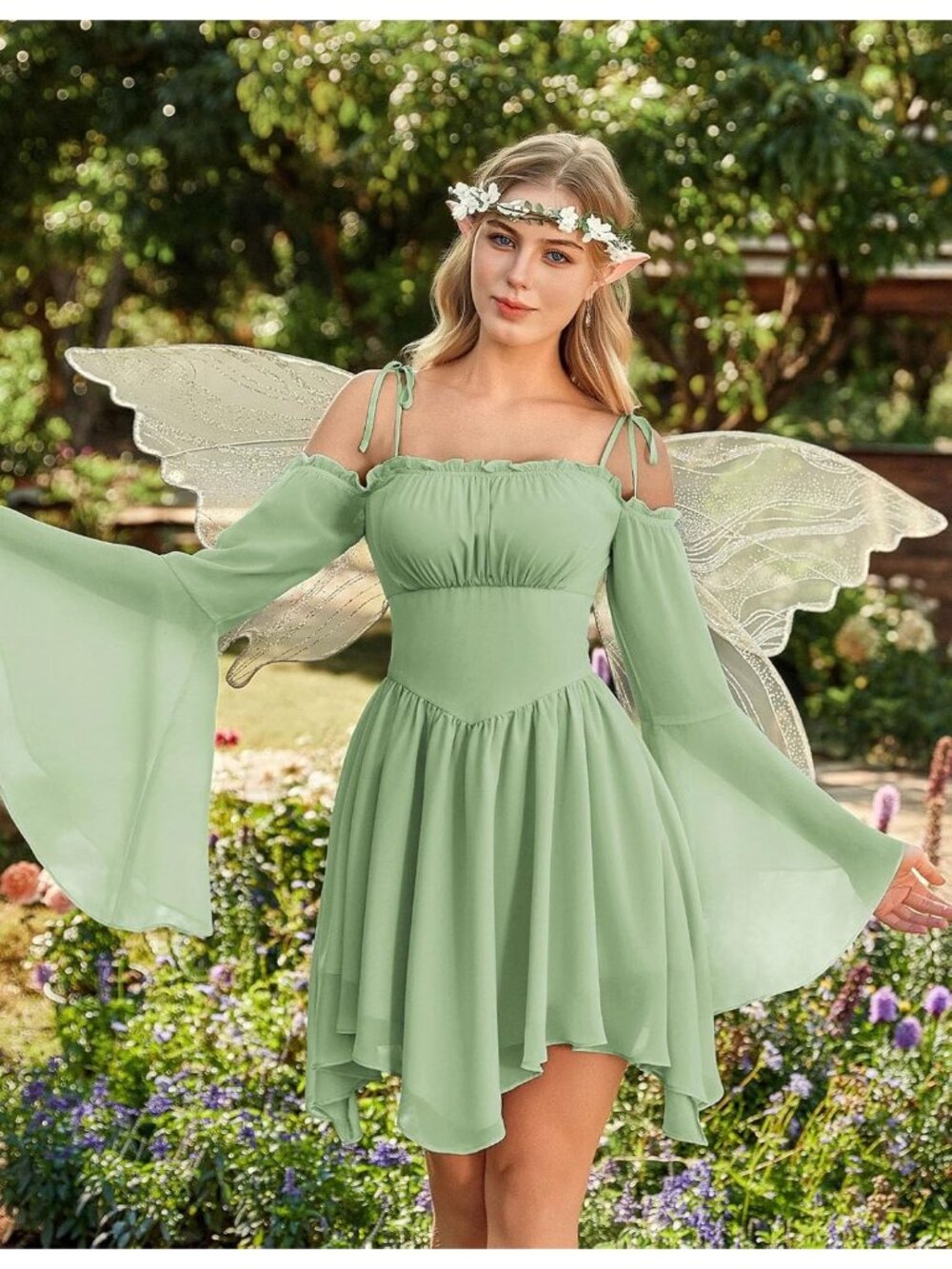 Women's Light Green Off Shoulder Fairy A LINE Boho Corset With Pockets Dress - Picture 3 of 6